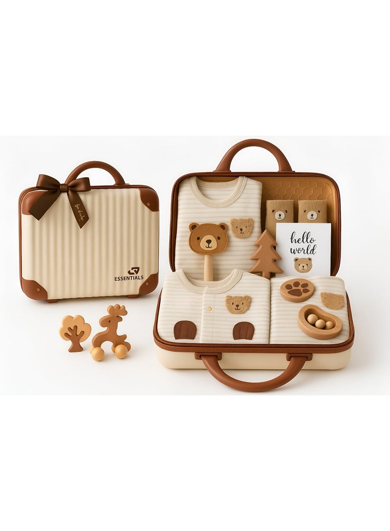 Essentials 360 Luxury Bear-Themed 14-in-1 Baby Gift Set, Gender Neutral New Born Baby Clothes, Wooden Toys, Photo Frame & Suitcase Packaging – Perfect for Baby Shower, Birthday & New Parents - Image 1